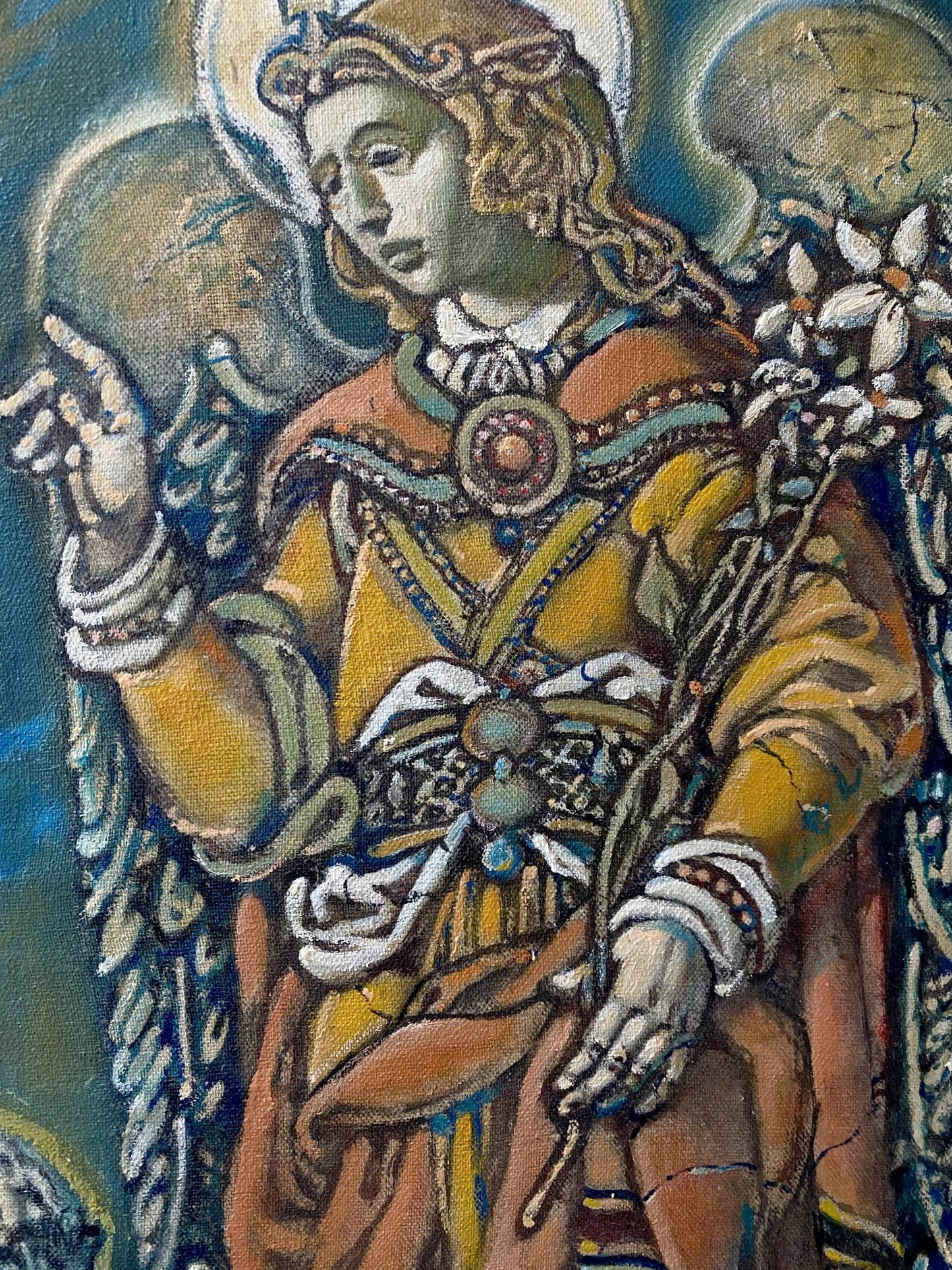 Oil painting of angel in golden robe with flowers by Oleg Litvinov