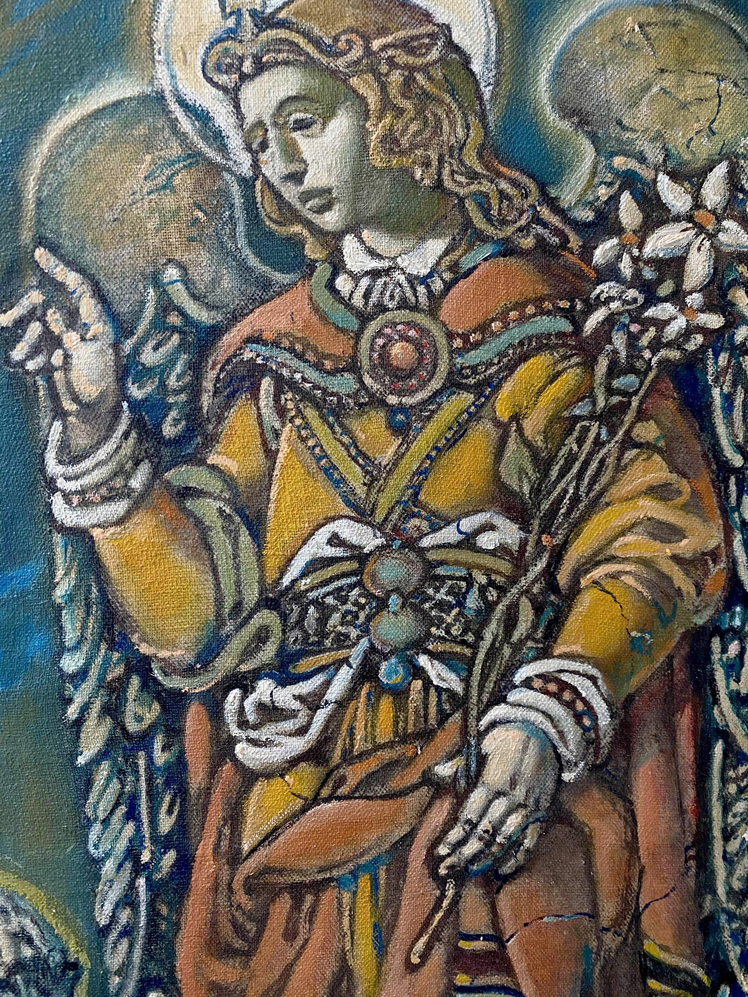 Oil painting of angel in golden robe with flowers by Oleg Litvinov