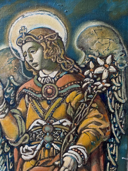 Oil painting of portrait angel with golden hair, halo, ornate robes by Oleg Litvinov
