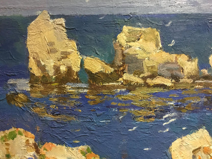 Oil painting Seascape Konovalov V.Y.: textured golden-yellow rocks in blue water