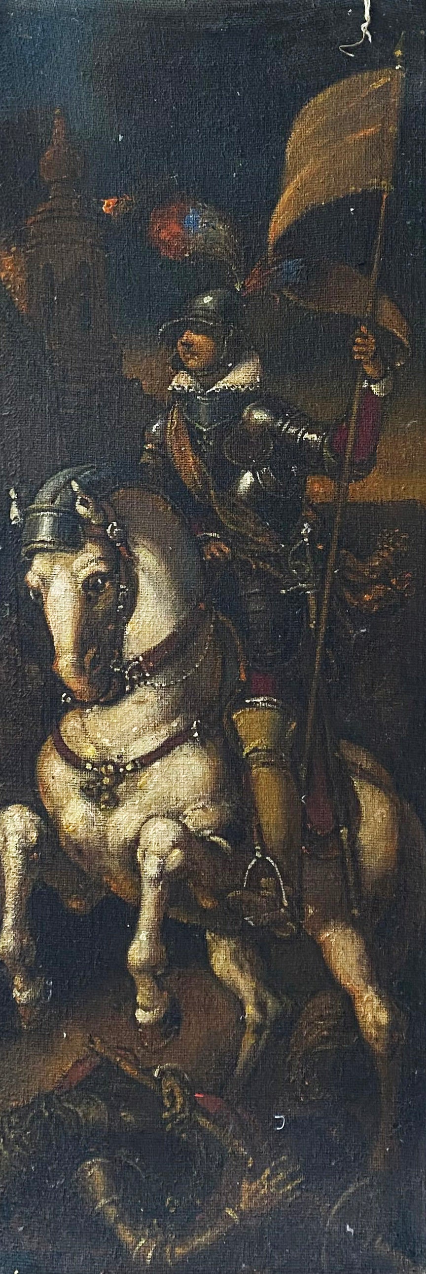 Oil painting by Litvinov Oleg Arkad’yevich: knight on white horse in ornate armor