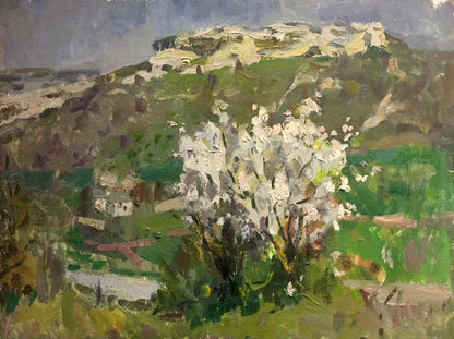 Oil painting by Golub Stepan Filippovich: blooming white tree on green hills