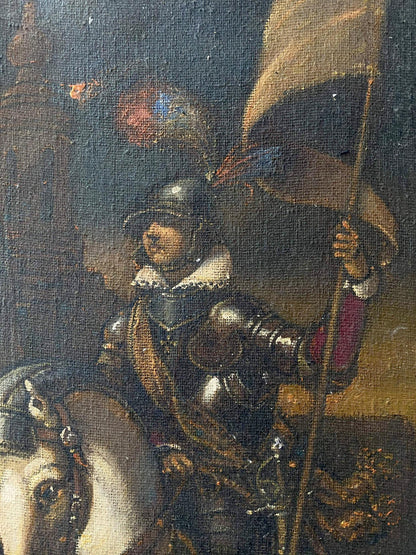 Oil painting of knight in ornate silver armor by Litvinov Oleg Arkad’yevich