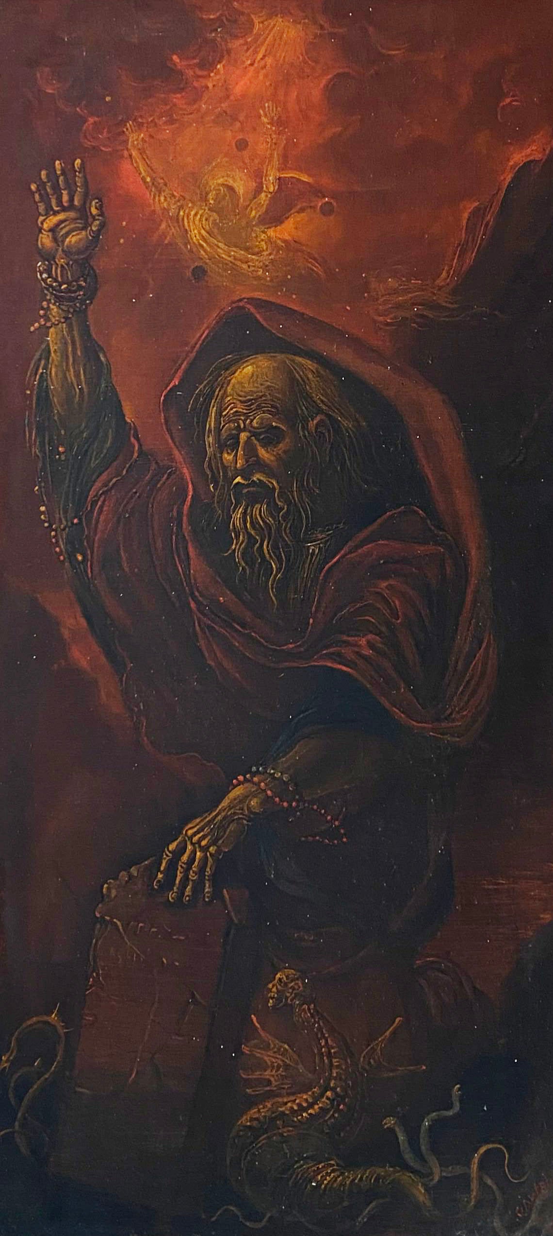 Oil painting by Oleg Arkad’yevich Moses Litvinov: hooded bearded figure with raised hand against fiery red sky