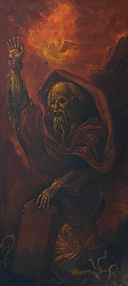 Oil painting by Oleg Arkad’yevich Moses Litvinov: hooded bearded figure with raised hand against fiery red sky