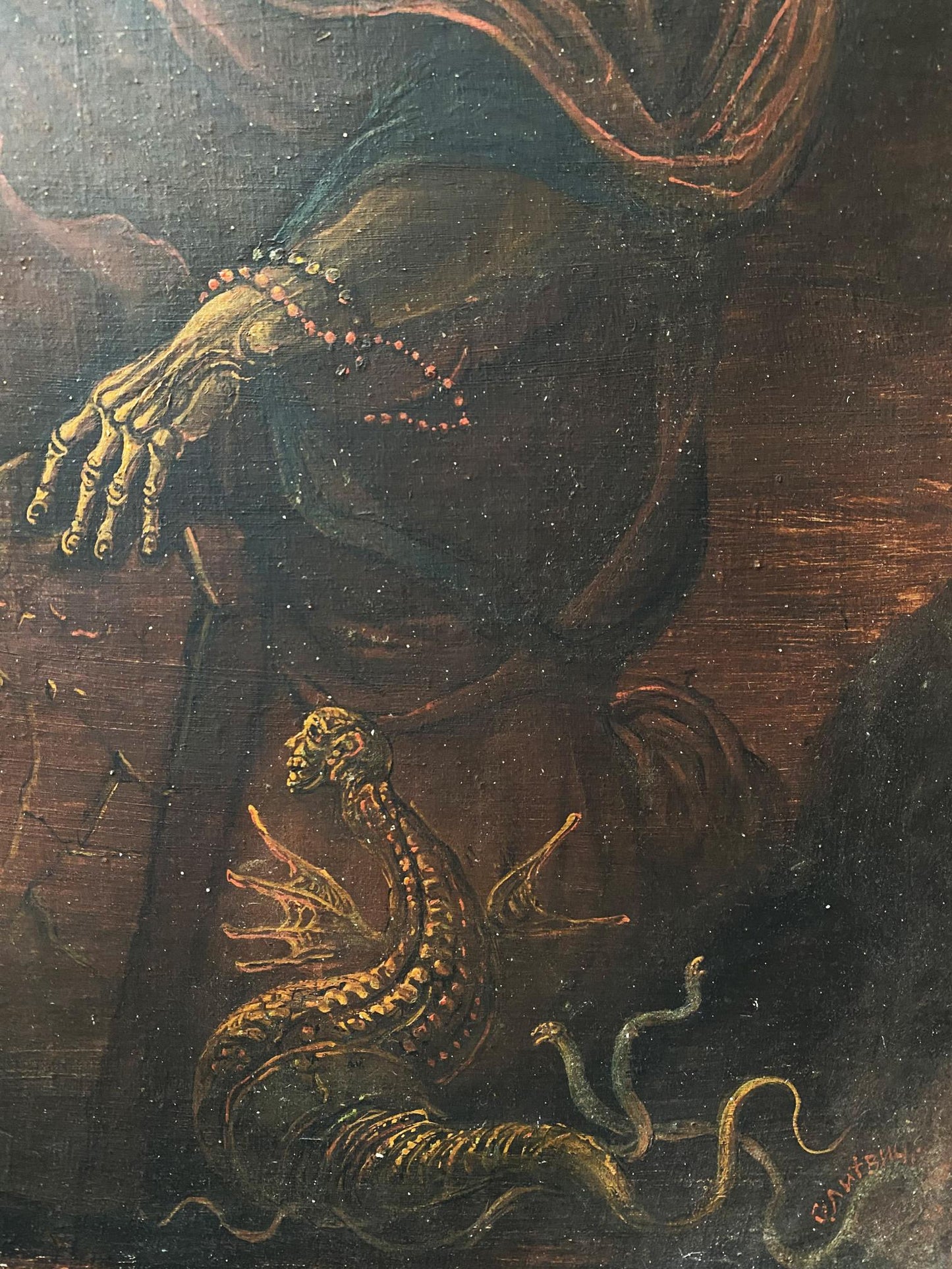 Oil painting by Oleg Arkad’yevich Moses Litvinov: skeletal hand with rosary over golden serpent
