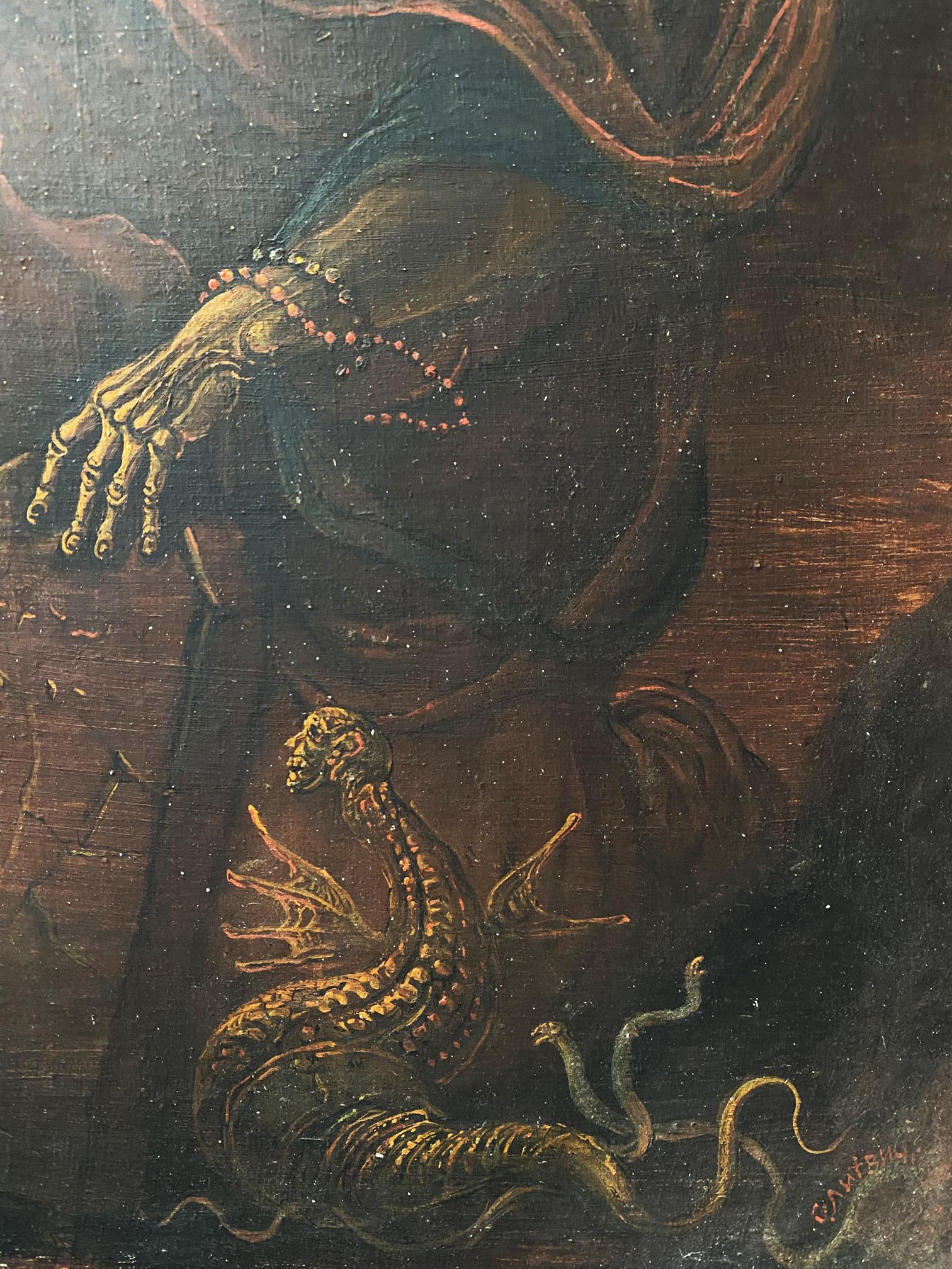 Oil painting by Oleg Arkad’yevich Moses Litvinov: skeletal hand with rosary over golden serpent