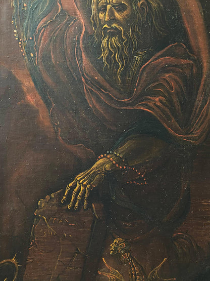 Dark oil painting of bearded skeletal figure in red black robes by Oleg Arkadyevich Moses Litvinov