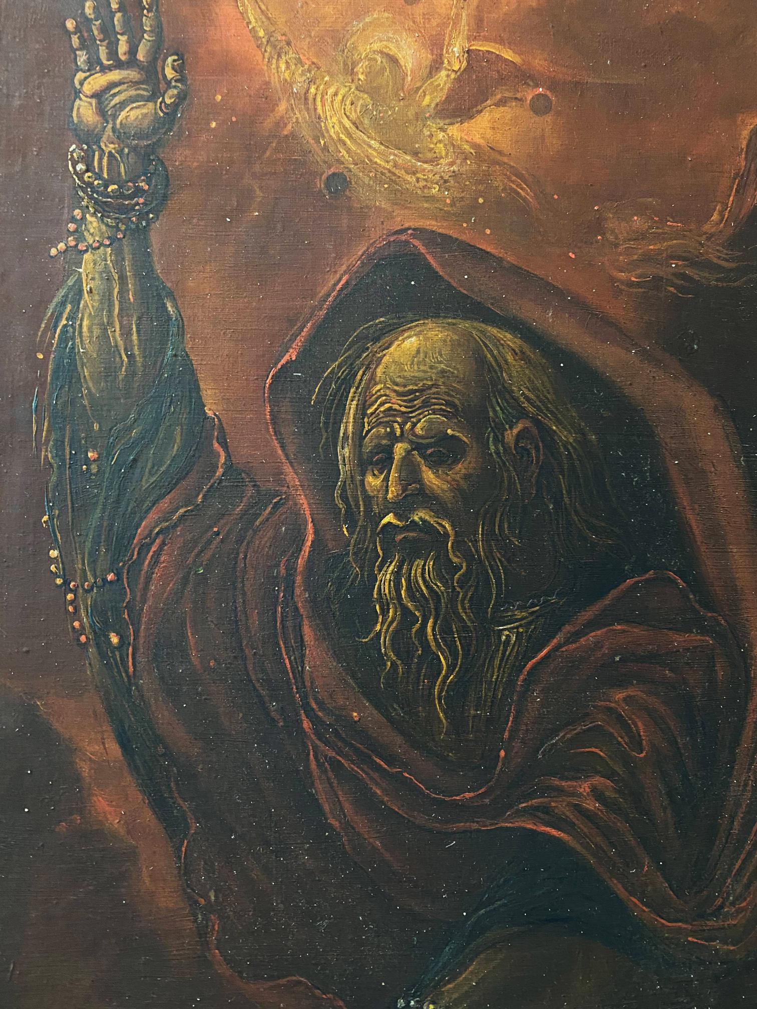 Dark textured oil painting of bearded hooded figure by Oleg Arkad’yevich Moses Litvinov