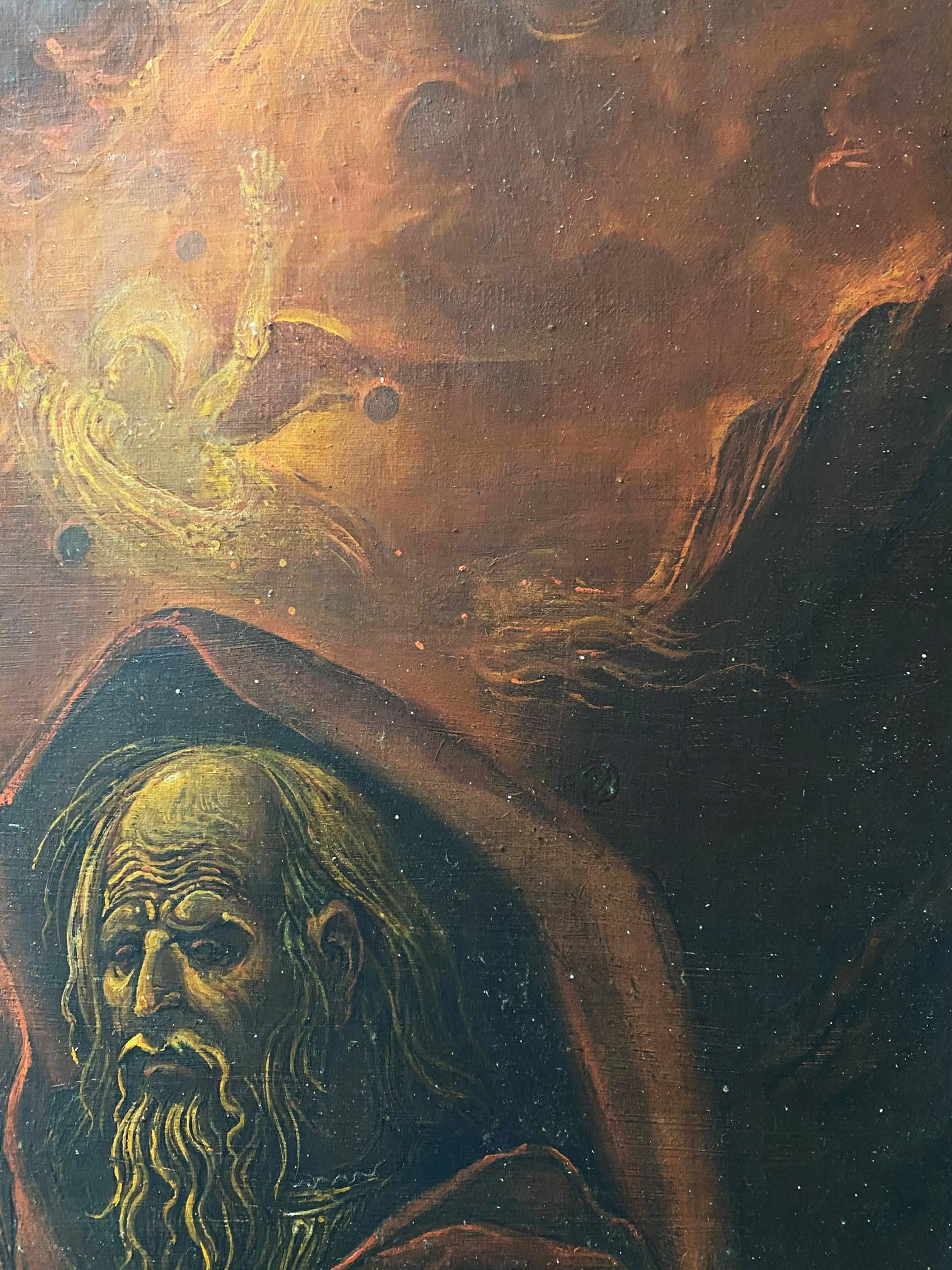 Oil painting by Oleg Arkad’yevich Moses Litvinov: bearded man in shadowed robes under swirling orange gold celestial clouds
