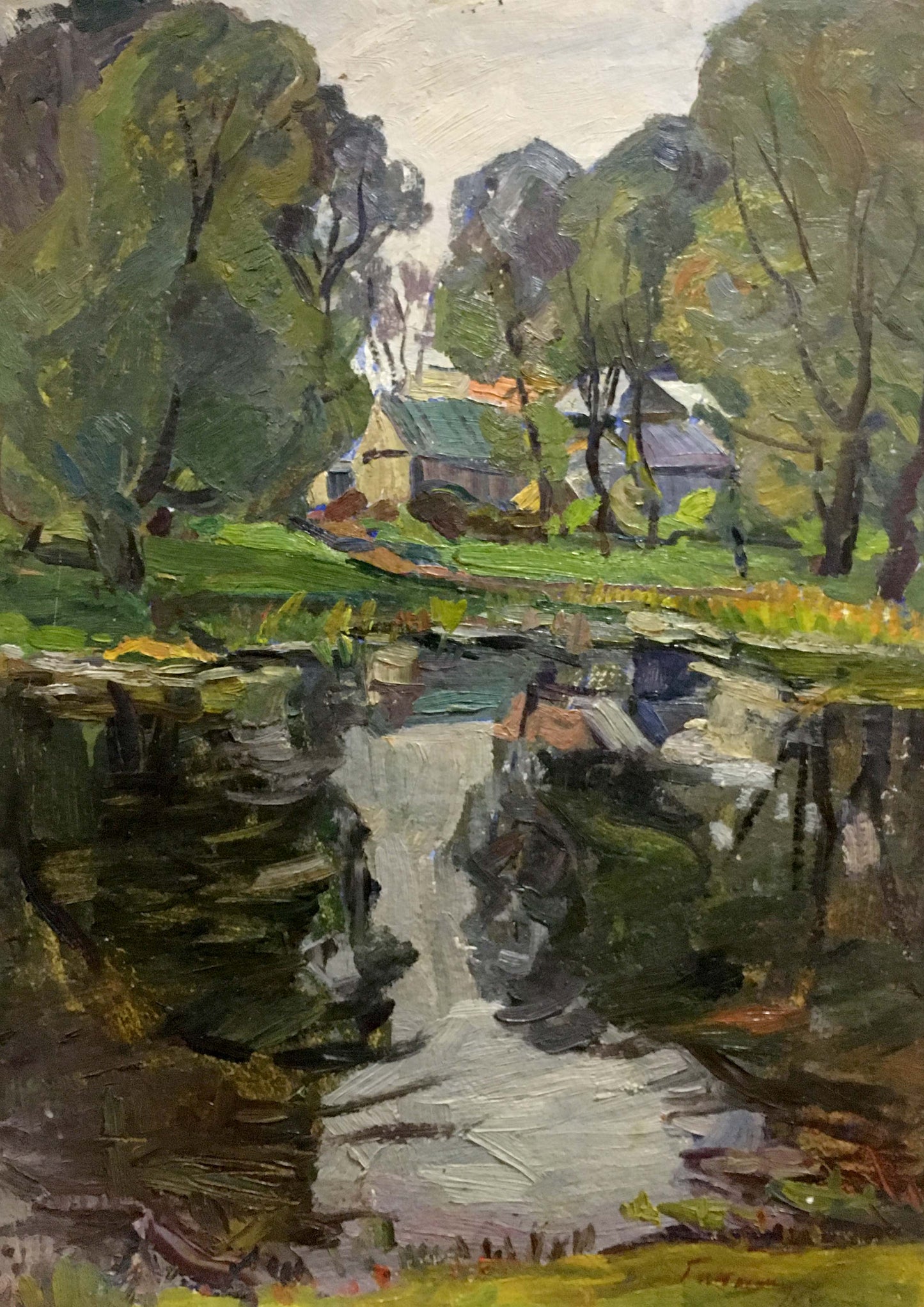 Serene impressionist oil painting of river by village by Gantman Moses Faybovich