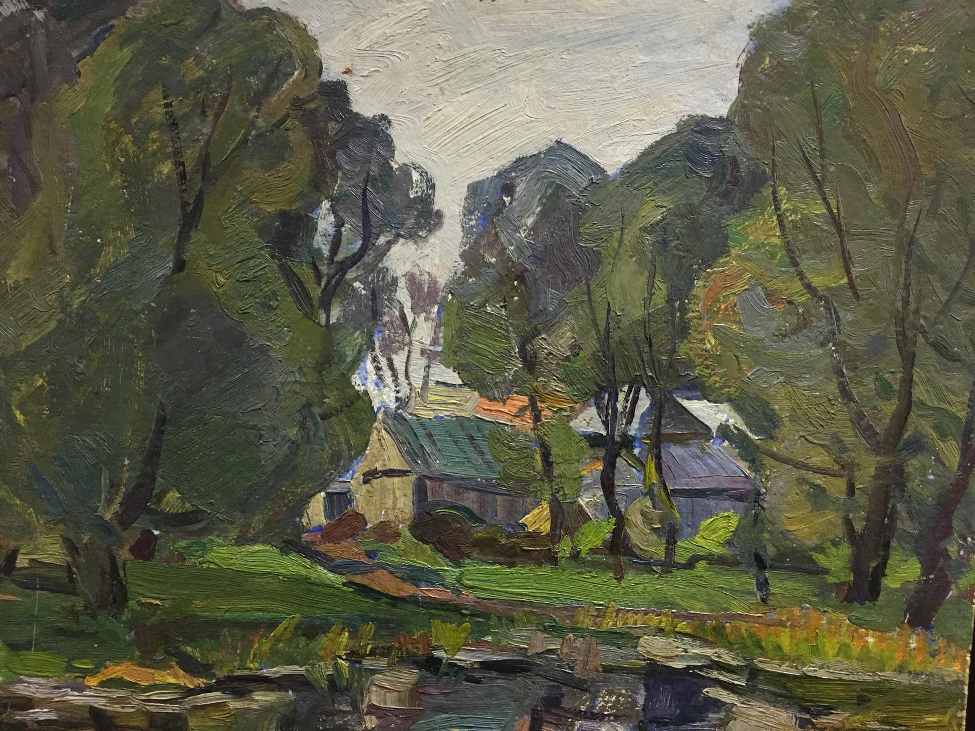 Oil painting River by the village by Gantman Moses Faybovich