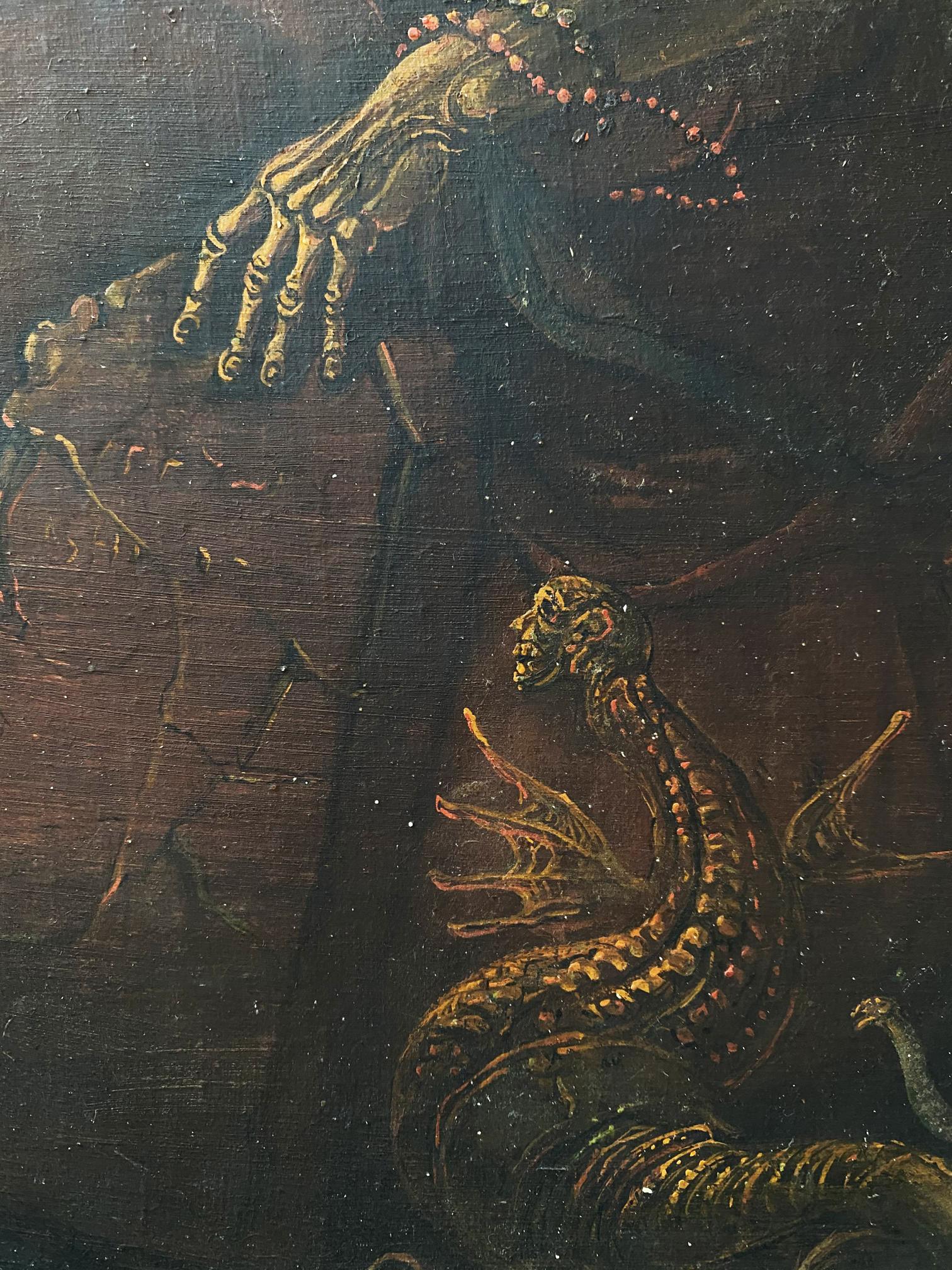 Golden skeletal hand with beaded bracelet over serpentine creature by Moses Litvinov