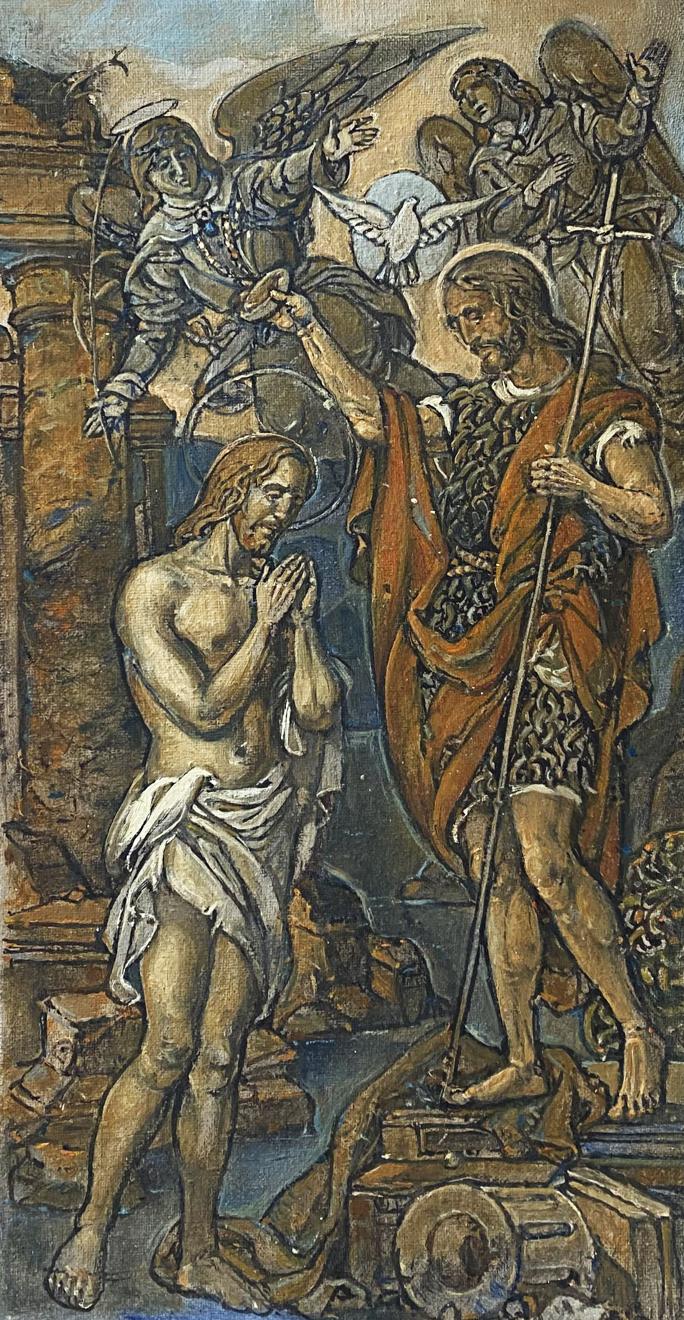 Oil painting Epiphany by Litvinov Oleg Arkadyevich: Jesus baptism by John, dove, angels