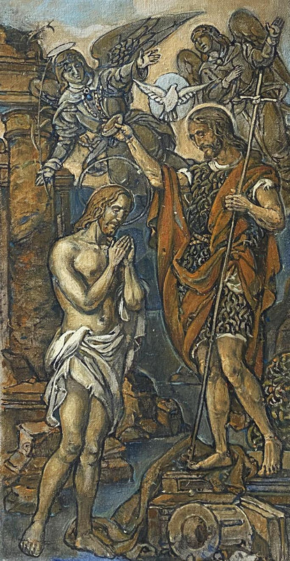 Oil painting Epiphany by Litvinov Oleg Arkadyevich: Jesus baptism by John, dove, angels
