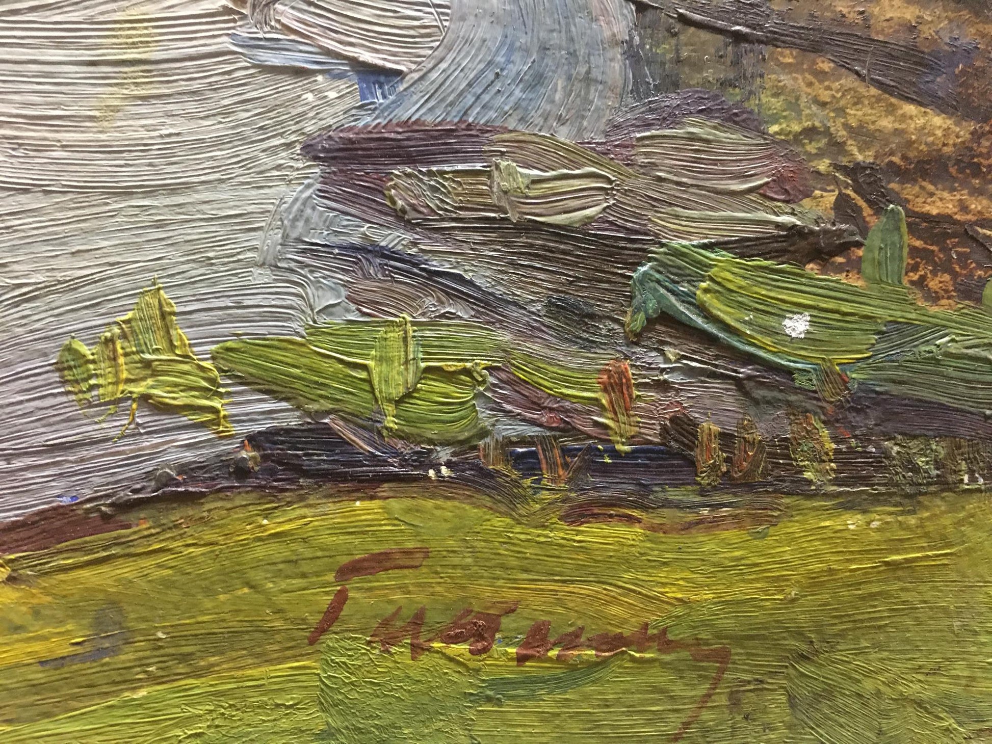 Textured impasto oil painting River by the Village by Gantman Moses Faybovich