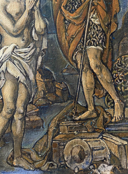Oil painting fragment by Litvinov Oleg Arkad’yevich: nude muscular man with draped fabric and armored figure