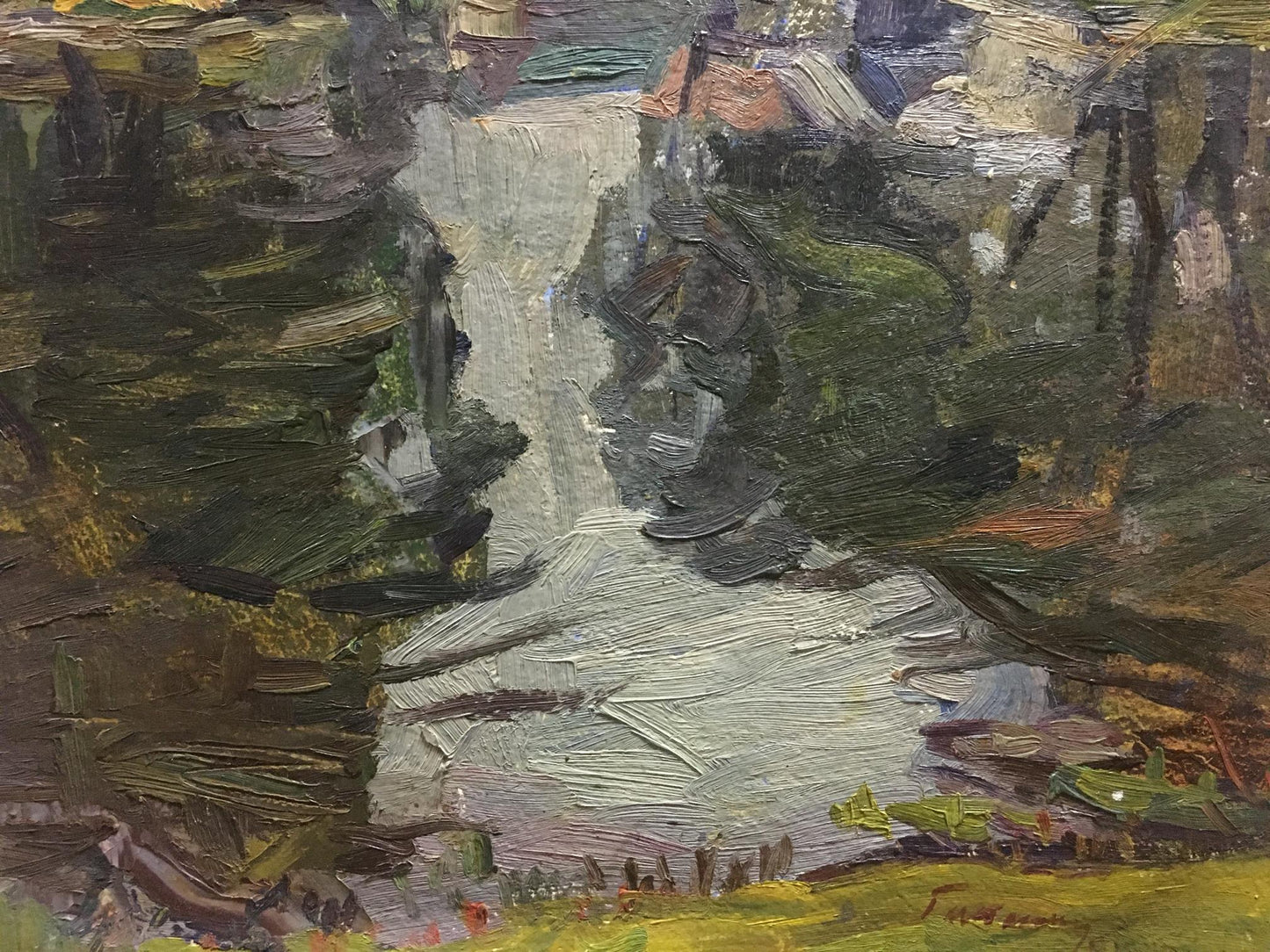 Oil painting River by the village by Gantman Moses Faybovich, textured waterfall in lush greenery