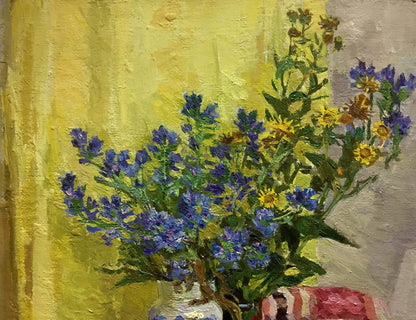 Oil painting Flowers on the table Konovalov V. Y. with blue yellow wildflowers