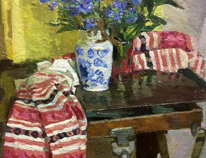 Oil painting Flowers on the table by Konovalov V. Y. with purple flowers