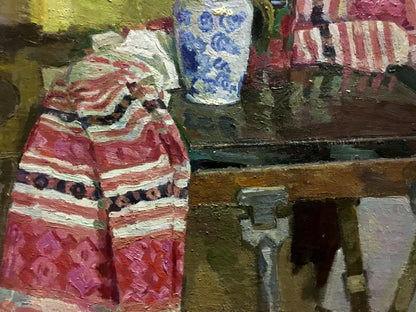 Oil painting Flowers on the table Konovalov V. Y. white vase on wood table