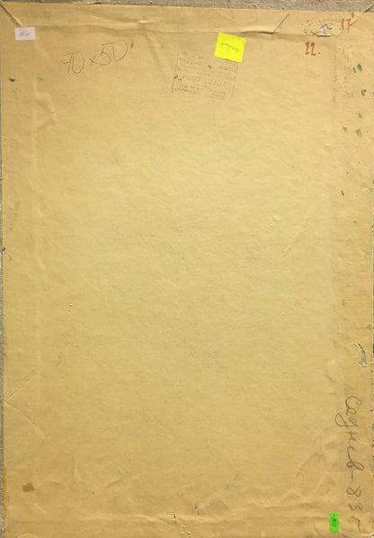 Back of Oil painting Flowers on the table Konovalov V. Y. with weathered beige paper notes