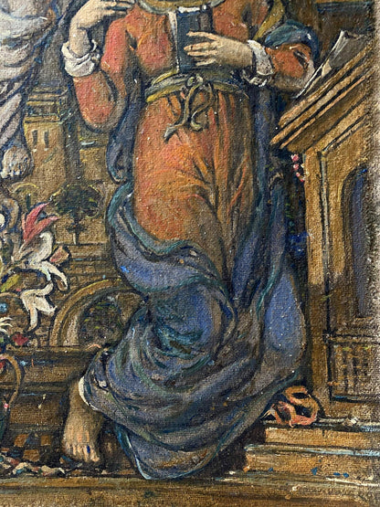 Oil painting Annunciation by Litvinov Oleg Arkad’yevich: woman in blue orange gown with book
