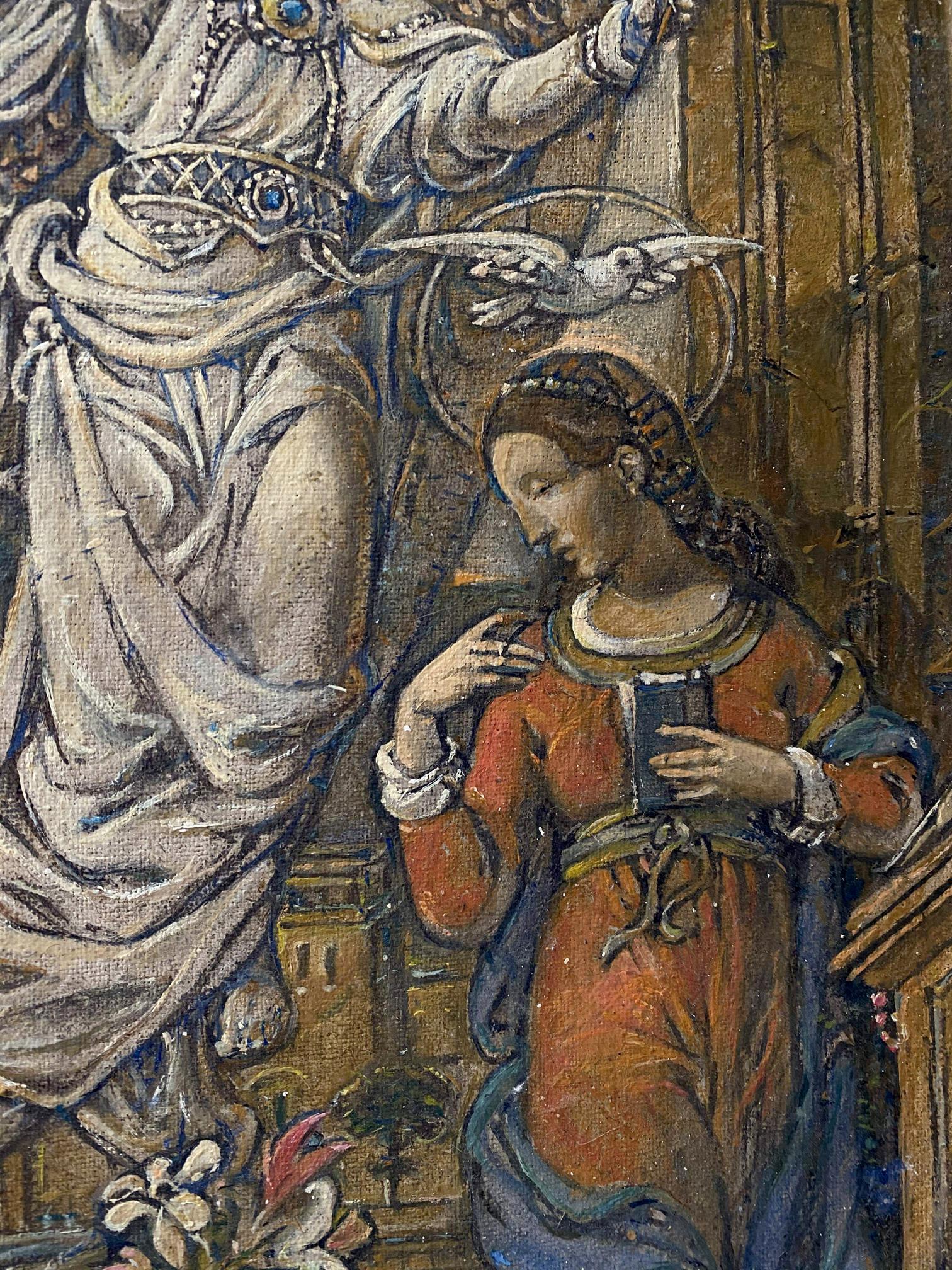 Oil painting Annunciation by Litvinov Oleg Arkad’yevich: woman in orange blue gown with gold trim holding ornate book