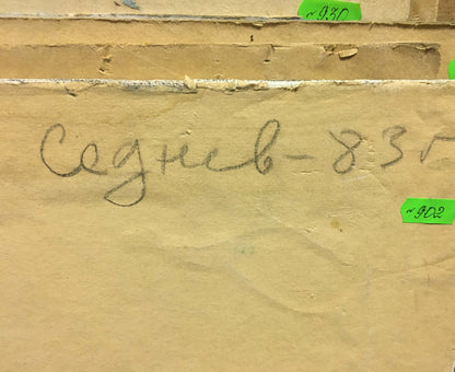 Back of Konovalov V.Y. oil painting Flowers on the table with handwritten Cyrillic text on aged beige paper and green labels