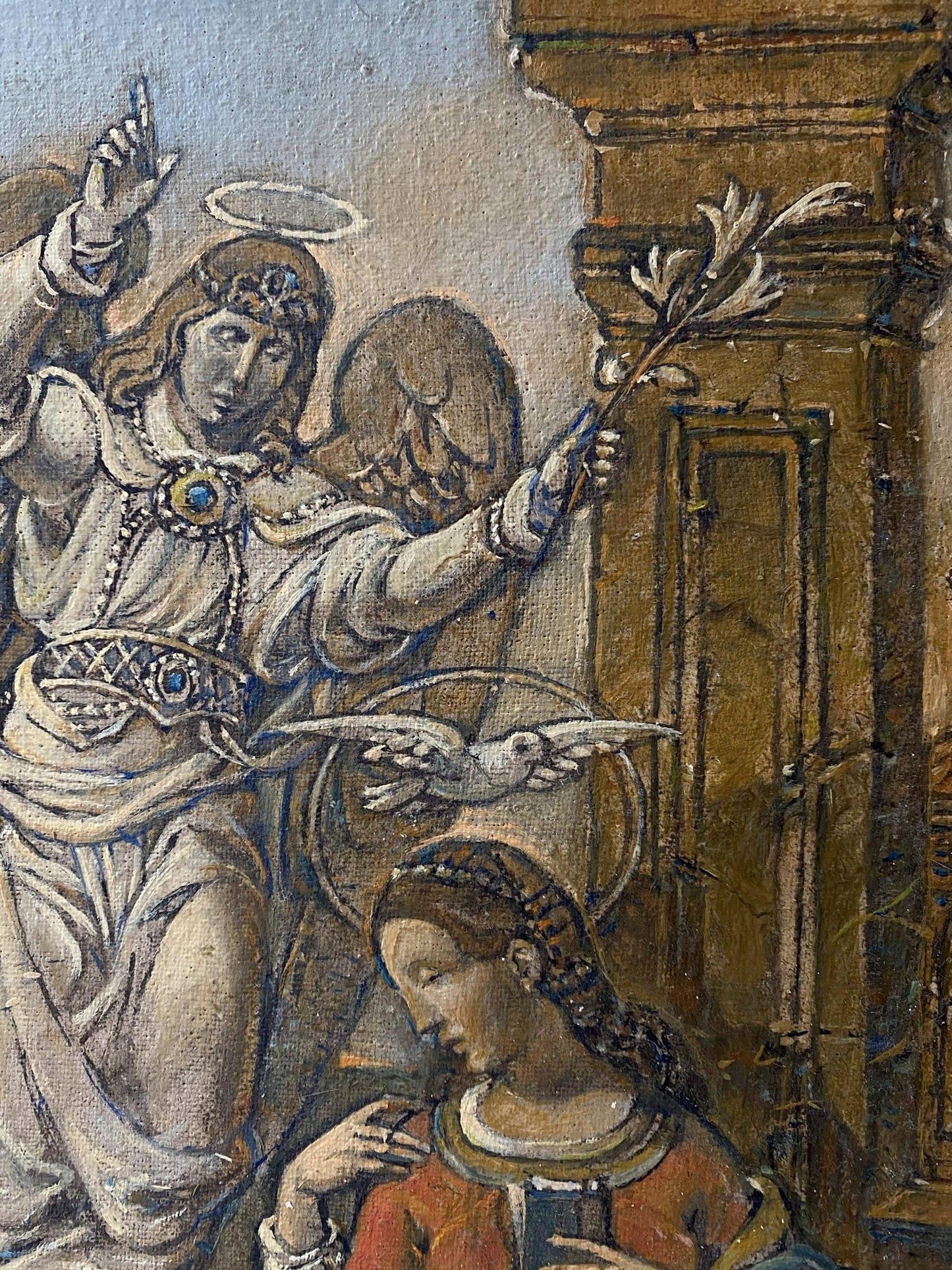 Oil painting Annunciation by Litvinov Oleg Arkad’yevich angelic figure with flowers