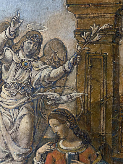Oil painting Annunciation by Litvinov Oleg Arkad’yevich angelic figure with flowers
