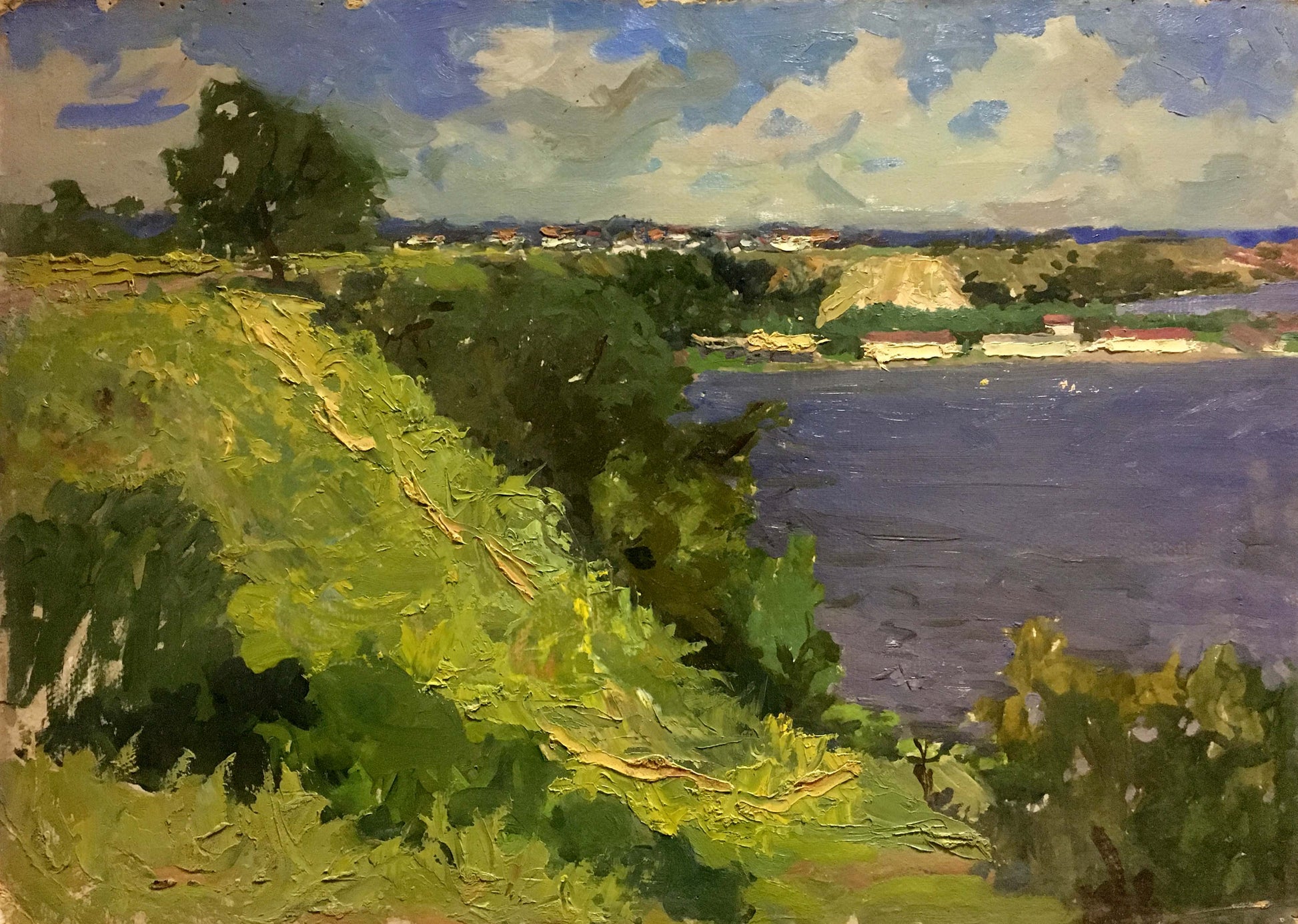 Vibrant impressionist oil painting of lush green hillside by blue river, Korostelev Vladimir Alexandrovich