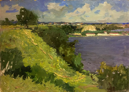 Vibrant impressionist oil painting of lush green hillside by blue river, Korostelev Vladimir Alexandrovich