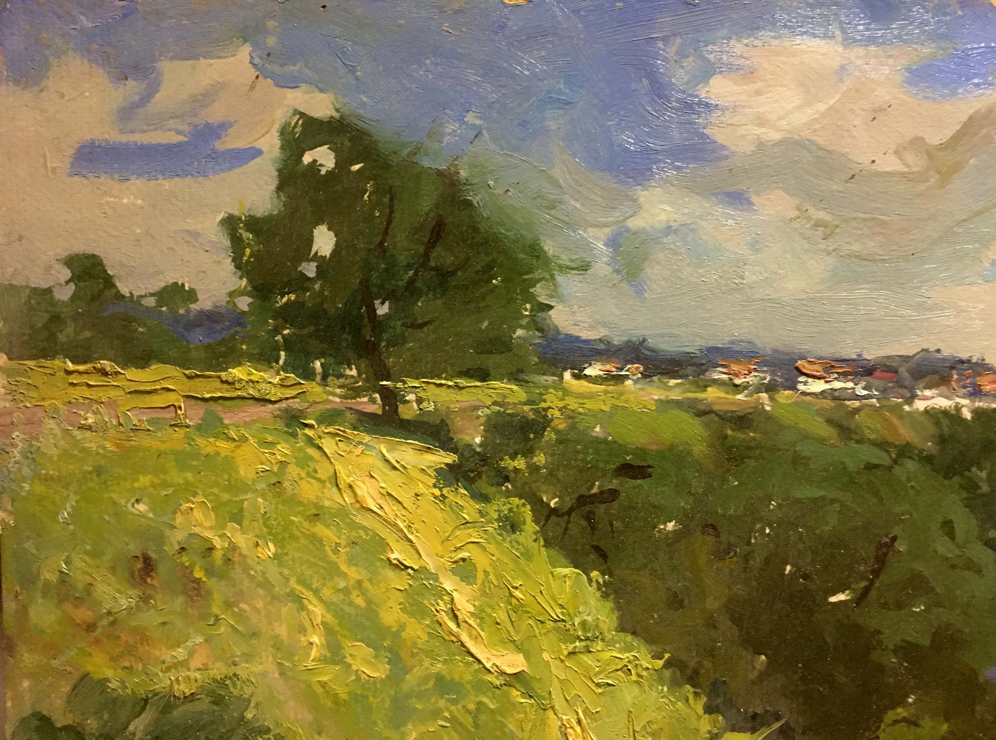Textured impressionist oil painting by Korostelev Vladimir Alexandrovich: sunlit green hillside, solitary tree, distant village under cloudy sky
