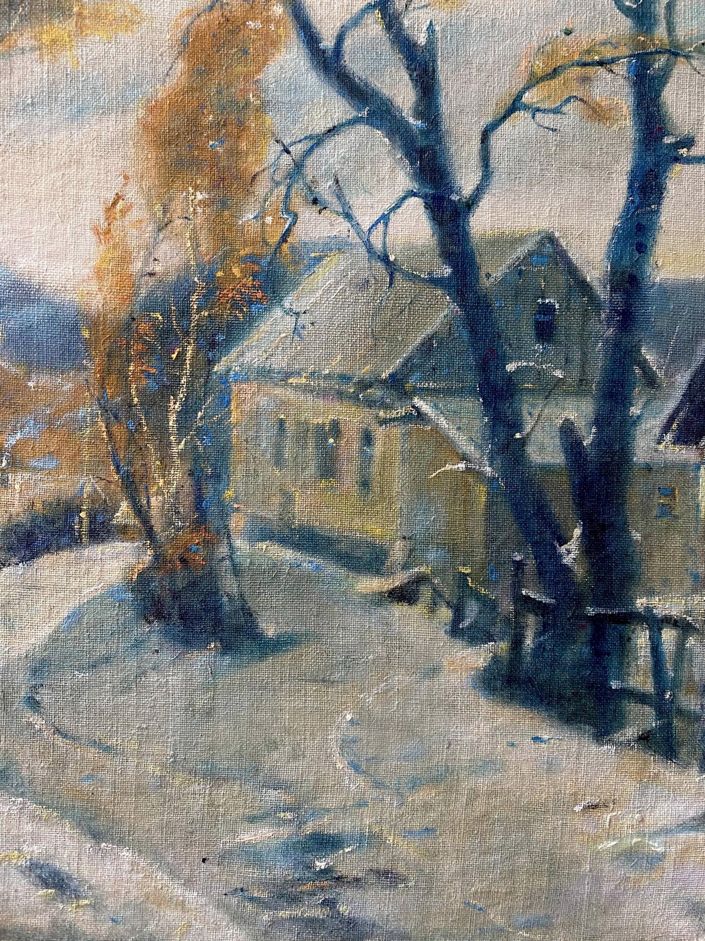 Oil painting by Litvinov Oleg Arkad’yevich: rustic wooden fence in snowy landscape