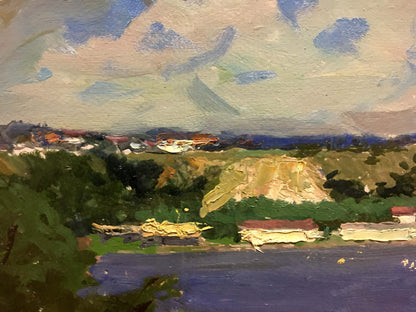 Impressionistic oil painting by Korostelev Vladimir Alexandrovich: vibrant sky over city by the sea