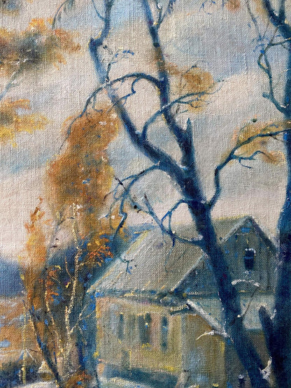Oil painting Winter day by Litvinov Oleg Arkad’yevich, rustic house in snowy landscape