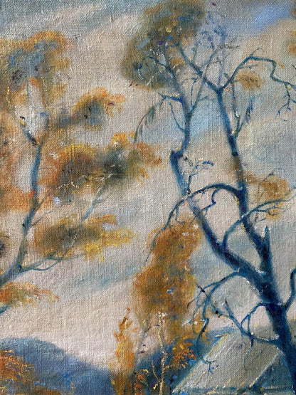 Oil painting Winter day by Litvinov Oleg Arkad’yevich, impressionistic bare branches on blue ochre sky