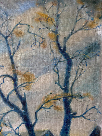 Oil painting Winter day by Litvinov Oleg Arkad’yevich, bare branches in blue-black with yellow accents