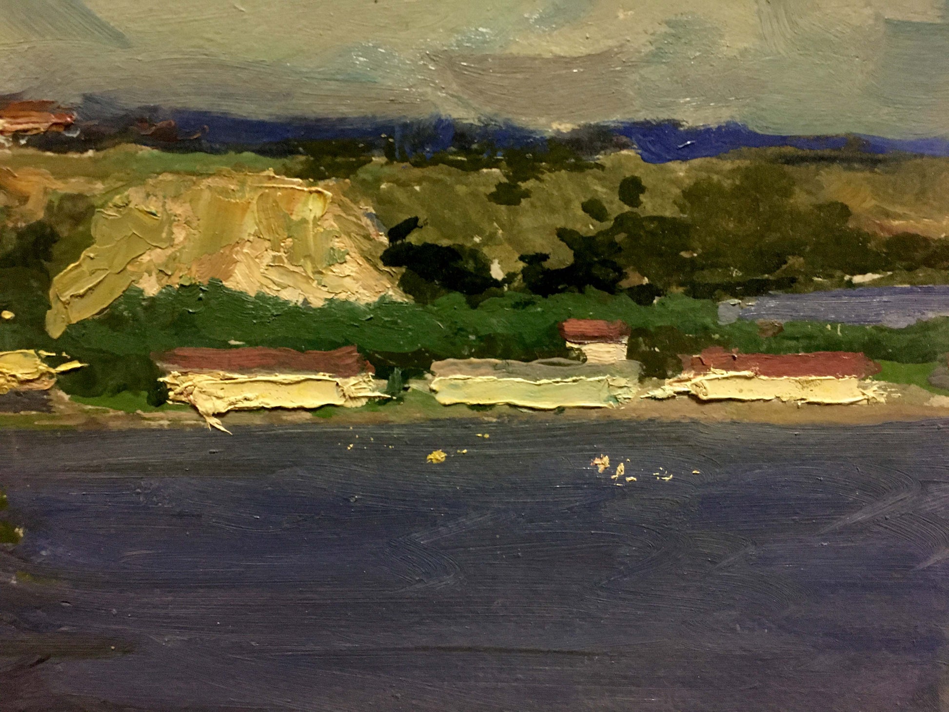 Impressionistic oil painting by Korostelev Vladimir Alexandrovich: green hills, blue river, city by sea