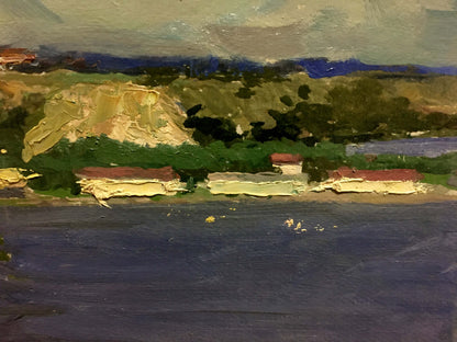 Impressionistic oil painting by Korostelev Vladimir Alexandrovich: green hills, blue river, city by sea