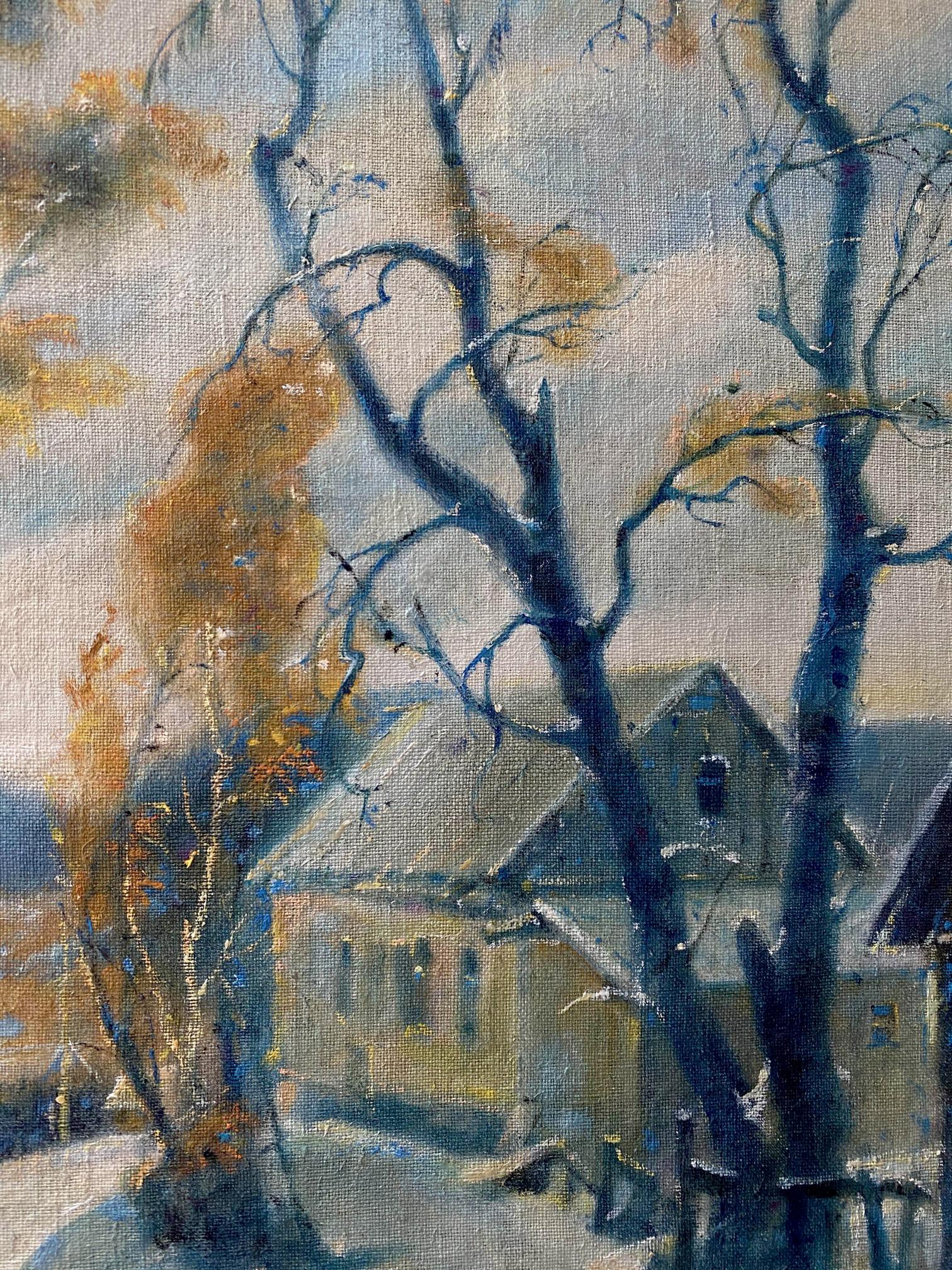 Oil painting Winter day by Litvinov Oleg Arkad’yevich: bare trees, snow-dusted house
