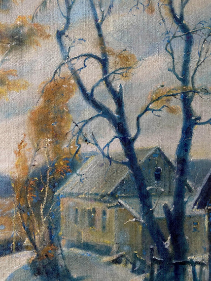 Oil painting Winter day by Litvinov Oleg Arkad’yevich: bare trees, snow-dusted house