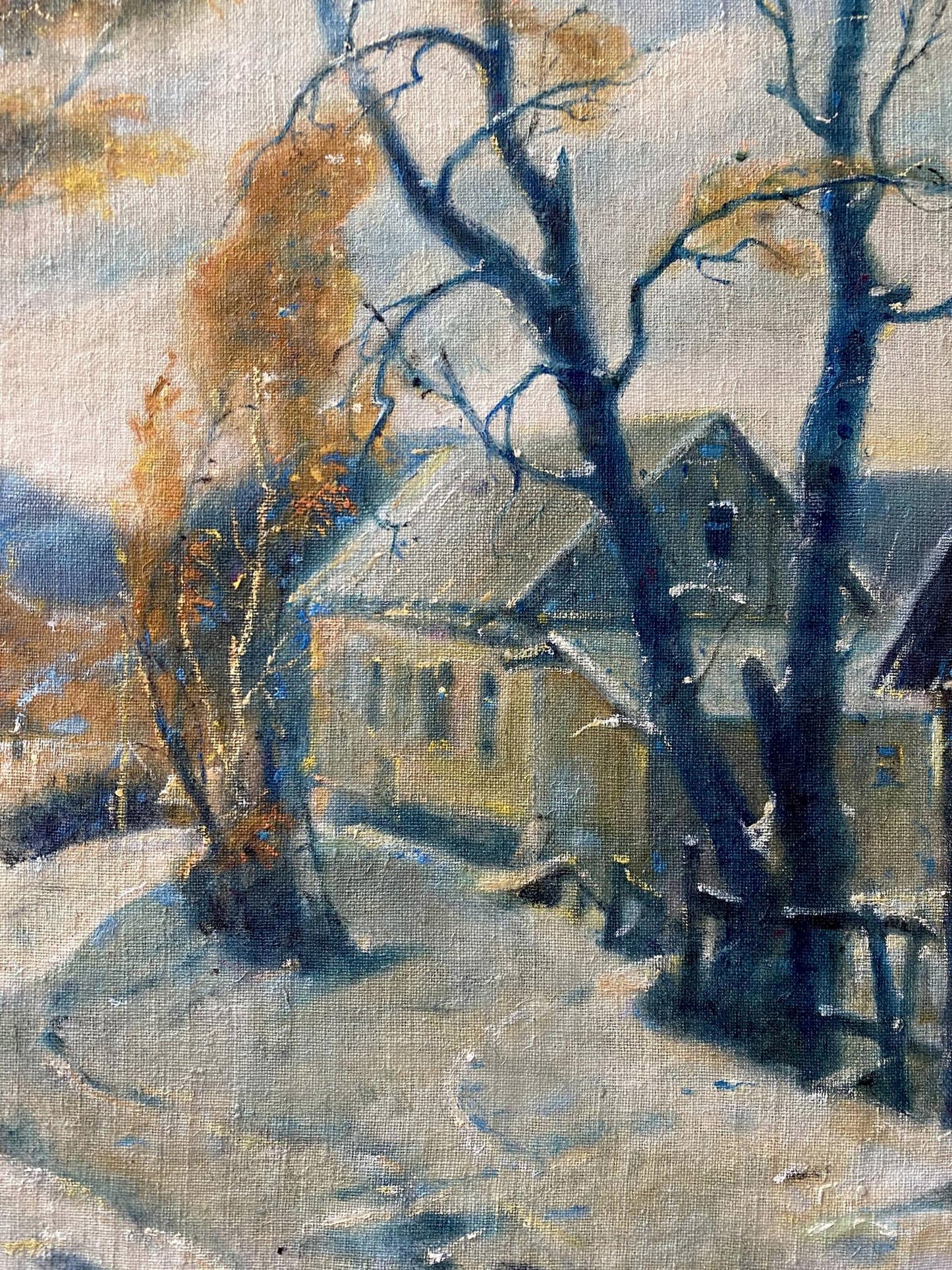 Oil painting by Litvinov Oleg Arkad’yevich: rustic wooden house in snowy autumn woods