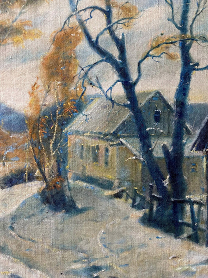 Oil painting by Litvinov Oleg Arkad’yevich: rustic wooden house in snowy autumn woods