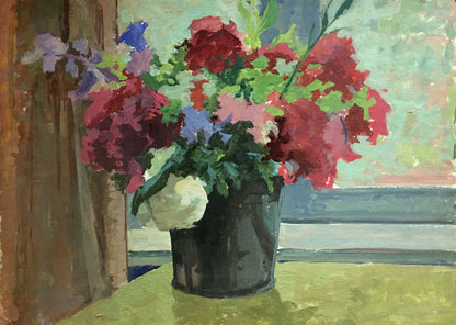 Oil painting of vibrant red pink purple blue flowers in green bucket by Korostelev Vladimir Alexandrovich