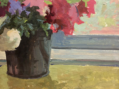 Oil painting by Korostelev Vladimir Alexandrovich: dark metal bucket with red purple flowers