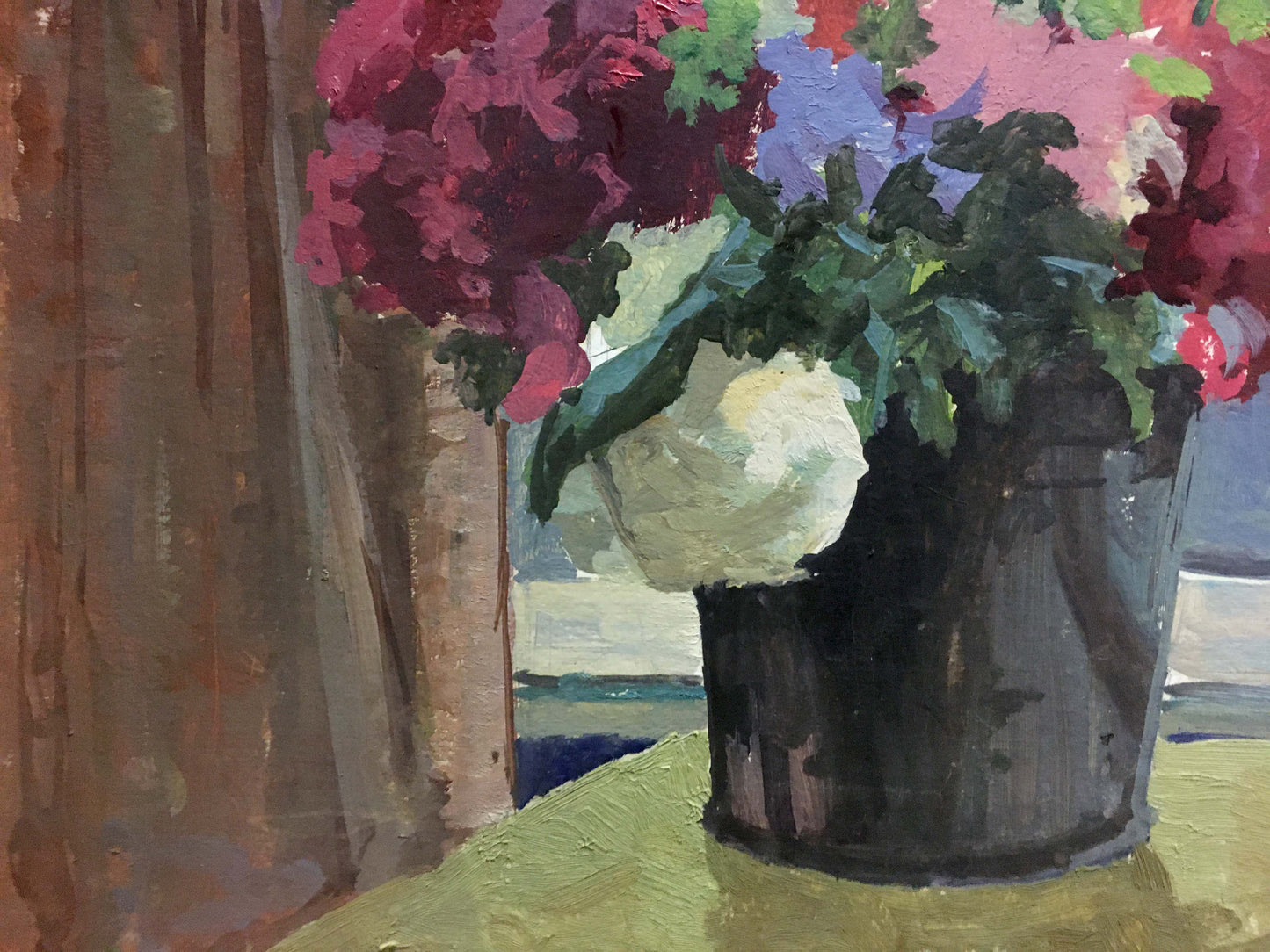 Oil painting by Korostelev Vladimir Alexandrovich: bucket of pink purple flowers