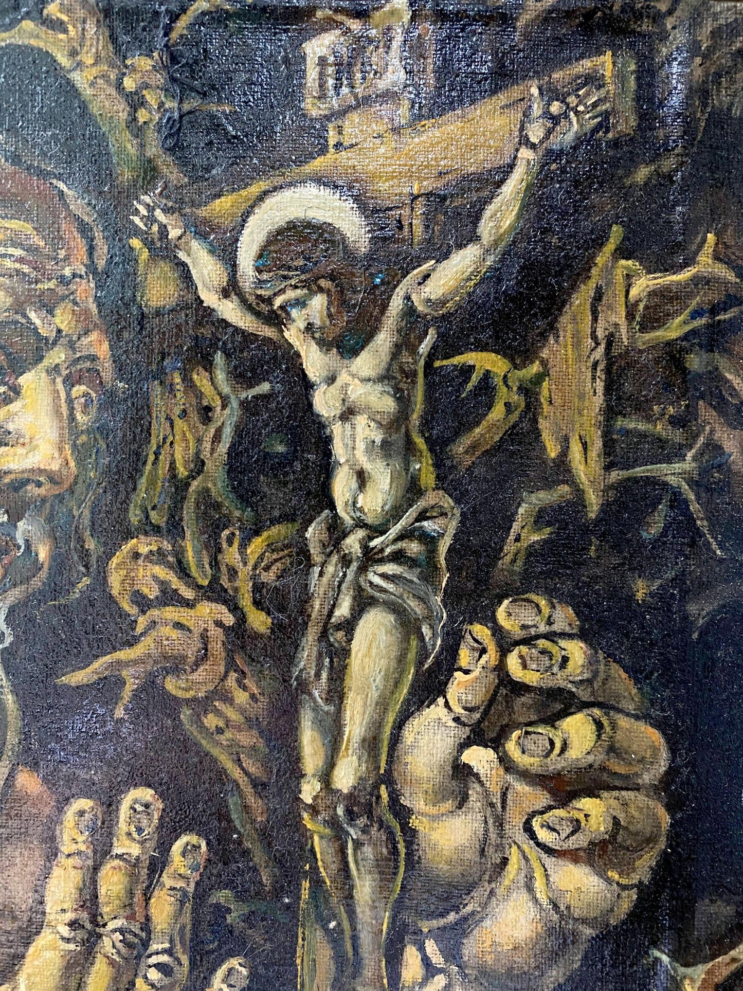 Oil painting by Oleg Arkad’yevich Litvinov: Crucified haloed figure with grotesque faces