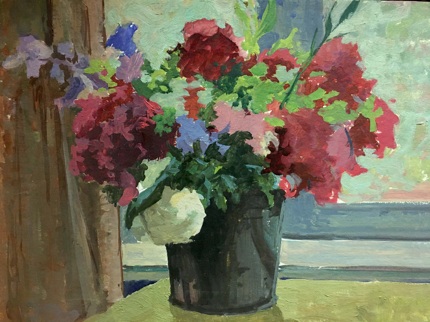Oil painting of vibrant red pink purple white flowers in gray bucket by Korostelev Vladimir Alexandrovich